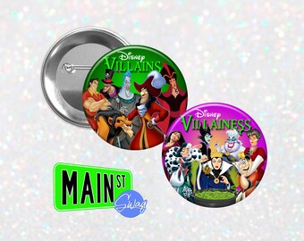Disney inspirierte Bösewicht und Villainess Buttons, Magnete und Schlüsselanhänger - Maleficent, Evil Queen, Captain Hook, Ursula und mehr