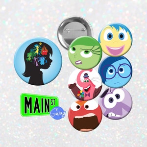 May include: Set of nine round button pins featuring characters from the animated film Inside Out. The characters include Joy, Sadness, Anger, Fear, Disgust, Bing Bong, and a silhouette of a girl with the emotions inside her head. The buttons are colorful and feature the characters' signature expressions. The text "MAIN ST Swag" is also included on a green street sign.