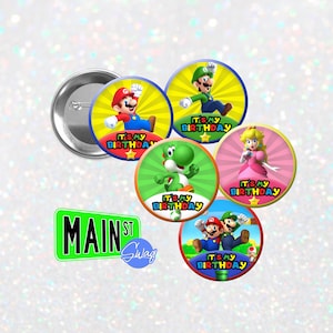 May include: Five round button pins featuring characters from the Super Mario Bros. video game franchise. Each pin has a different character, including Mario, Luigi, Yoshi, Peach, and a group of Mario and Luigi. Each pin has a yellow background with the text "It's My Birthday" and a yellow star.