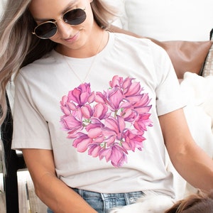 Pink Magnolia Flower Heart Tee | Southern Magnolia Blooms Shirt
