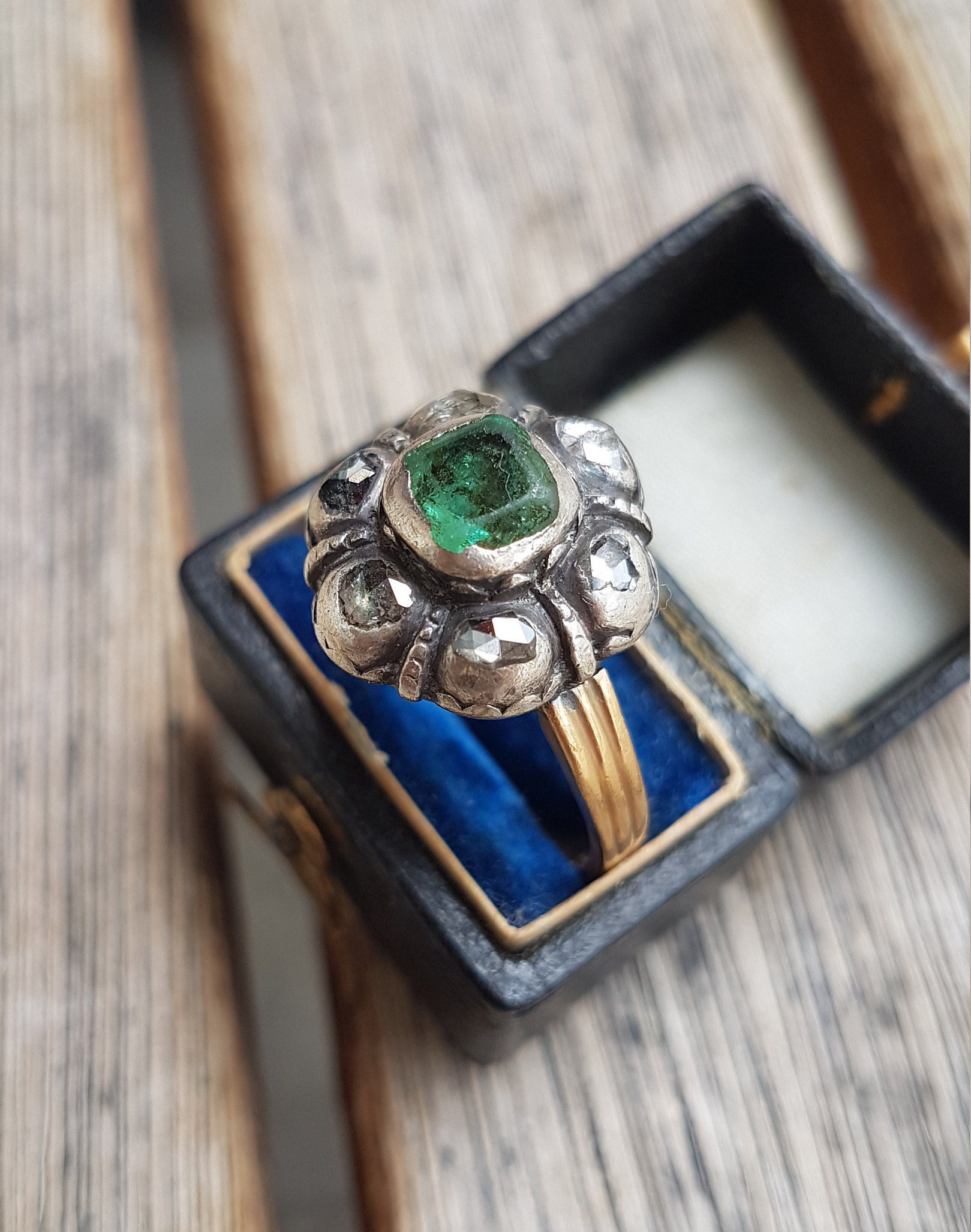 Georgian Emerald Diamond Cluster Ring | Etsy