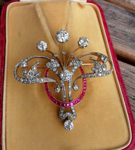 Edwardian Diamond and Ruby Brooch