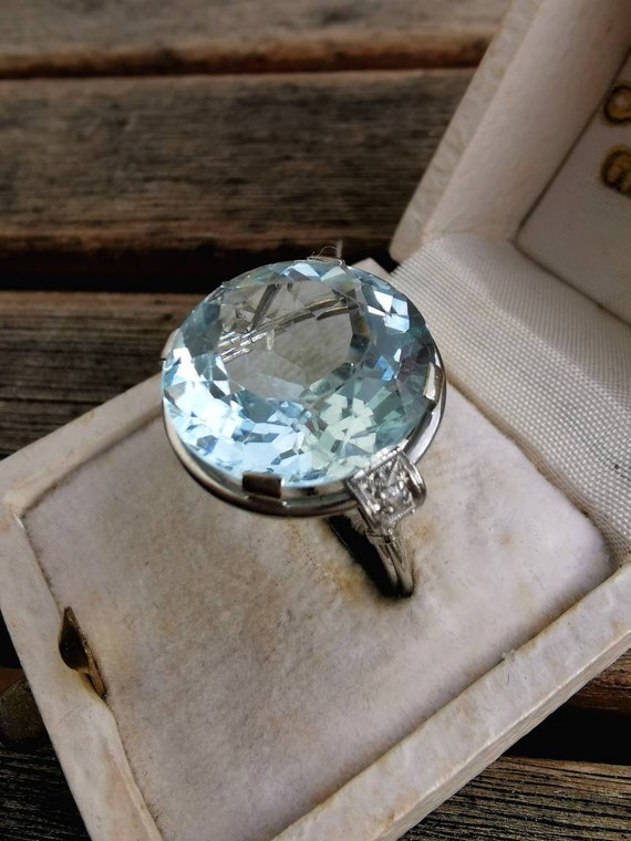 Art Deco Aquamarine Diamond Ring 14k