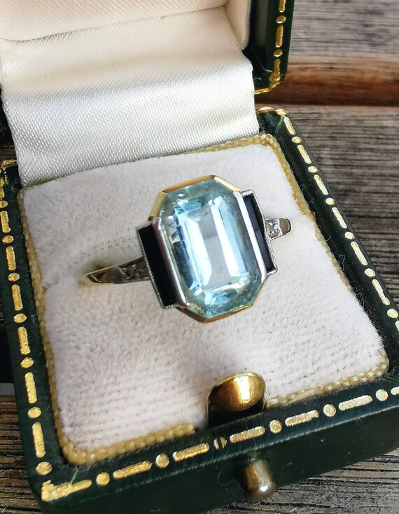 Art Deco Aquamarine Onyx Ring 14k