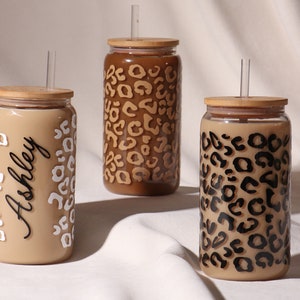 Glass Tumbler with Bamboo Straw & Lid | Iced Coffee Cup | Glitter Cow Print  Glass Tumbler | Mason Jar | 24oz Resuable Cup | Boba Cup