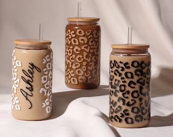 Cheetah/Leopard Personalized With Name Reusable 16oz Glass Tumbler/Cup with bamboo lid and straw! Coffee, Co-worker, Birthday, Holiday