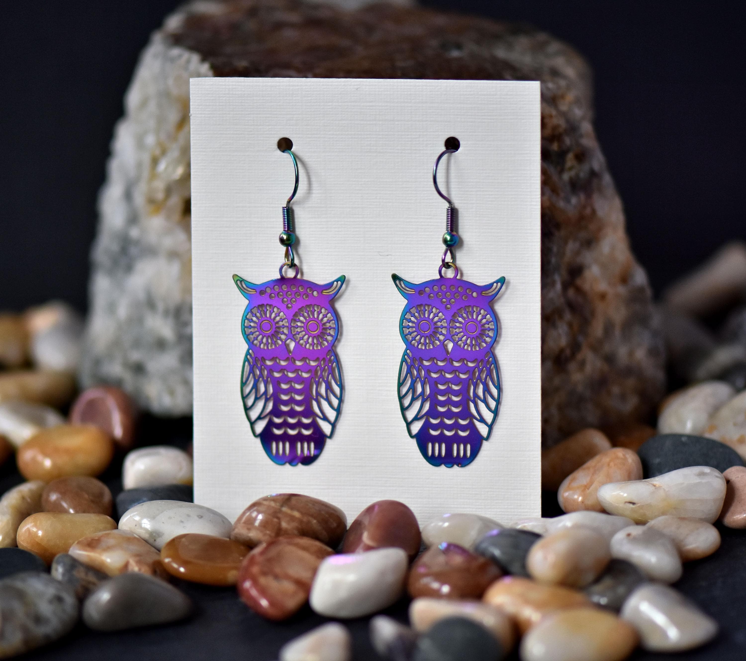 Iridescent Rainbow Stainless Steel Owl Earrings