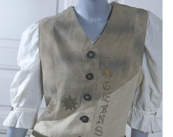 Leather & Linen Vest, 90s Trachten Style Embroidered Neutrals Waistcoat