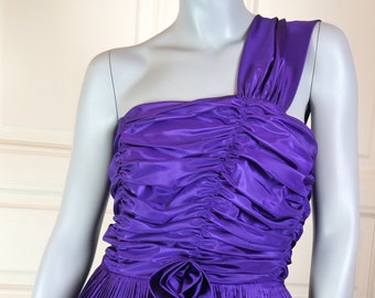 80s Prom Dress, One-Shoulder Purple Satin Bodice & Long Black Velvet Slimline Skirt w Flirty Slit in Back Evening Dress: Size 8 US, 12 UK