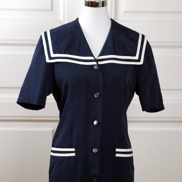 Sailor Blazer, Medium, Size 10 USA, Navy Blue & White European Vintage Nautical Jacket