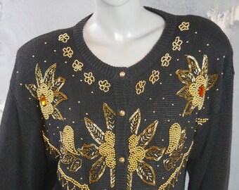 Pull Victoria Harbour Noir Avec Ornements Perles Bronze Doré - Taille L/XL - Occasion Très Bon état