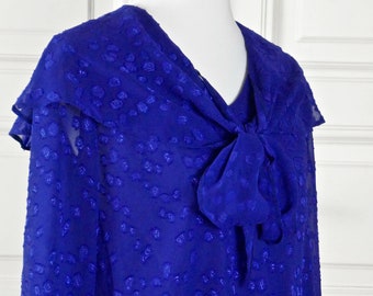 1980s Sheer Royal Blue Top, European Vintage Cocktail Blouse with Bow, Made in Finland: Size 12 US, 16 UK