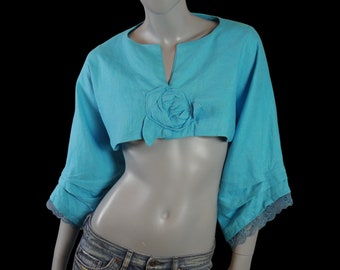 Turquoise Linen Crop Top, 70s Swedish Vintage Festival Blouse, Size 12 US, 16 UK