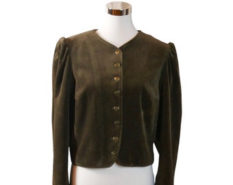 Green Velvet Blazer, 90s German Vintage Olive Cropped Jacket, Size 14 USA, 18 UK