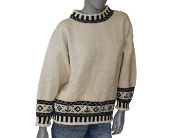 90s Vintage Knit Nautical Sweater, White & Black Handmade Soft Wool, Size Large