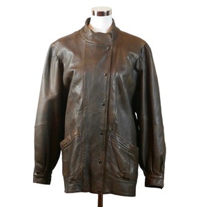 Veste en cuir avec col mao, taille 16 veste scandinave vintage des années 80 en cuir véritable souple marron américain des années 80