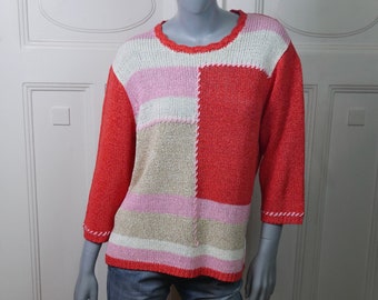 Vintage Knit Pullover, 90s Cotton Blend Color Block Sweater, Pink Orangish Tangerine White and Beige