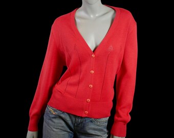 Red Cardigan Sweater, 80s German Vintage Wool Blend Knit, Size 12 USA, 16 UK