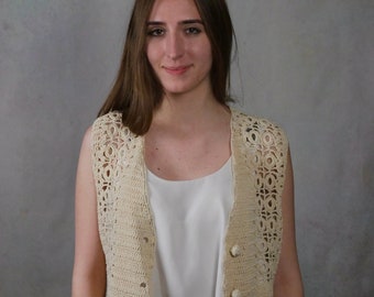 Vintage Crochet Vest, Medium, Size 8 USA, 80s Beige Waistcoat