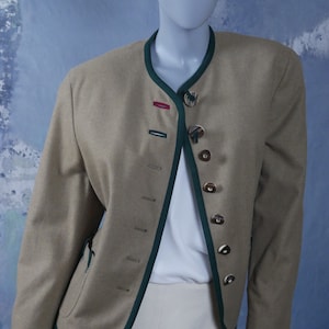 Chaqueta de lana vintage alemana, beige bávaro & verde tradicional Trachten Octoberfest Blazer: Tamaño 14/16 EE.UU., 18/20 Reino Unido