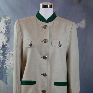 Austrian Vintage Linen Trachten Jacket, Women&#39;s Beige and Green Tyrol Octoberfest Blazer with Pewter Edelweiss Buttons: Size 12 US, 16 UK