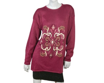 Long Burgundy Knit Pullover Lightweight Sweater, 90s European Vintage Top, Size 14 USA, 18 UK