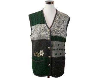 Women's Vintage Vest, 90s Austrian Dark Green and Gray with Embroidered Flowers: Size 14 to 16 USA, 18 to 20 UK