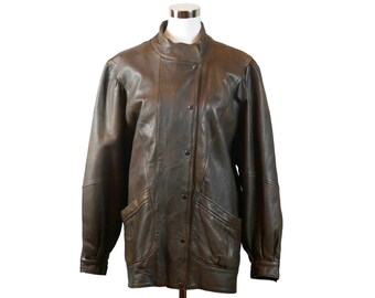 Band Collar Leather Jacket, Size 16 US Brown Soft Genuine Leather Scandinavian 80s Vintage Jacket