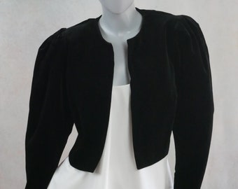 Jaren 1980 Black Velvet Bolero, Europese Vintage Lange Mouw Cropped Jacket: Maat 12 US, 14 UK