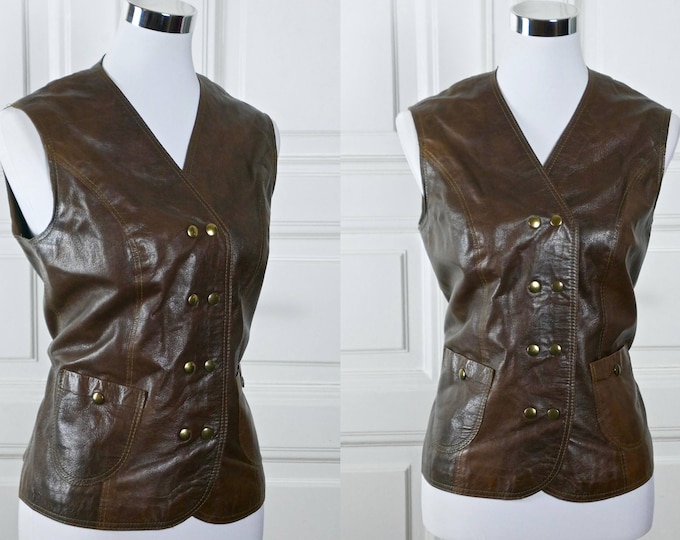 Women's Brown Leather Vest, Fitted Chocolate Brown Leather Waistcoat W Double Row of Pressstud