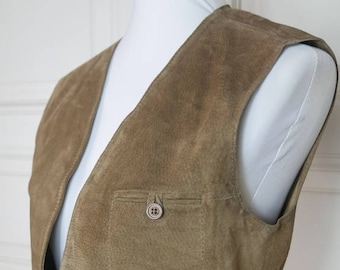 French Vintage Tan Suede Vest Women's, Light Brown Suede Leather Waistcoat, Belted, European Vintage Festival Vest: Size 6 US, Size 10 UK