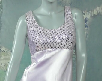 Lilac Sleeveless Satin Evening Dress, Elegant Long Dress w Silver Glitter Dot Sequins, Vintage 90s Prom Dress, Made in USA: Size 8 US, 12 UK