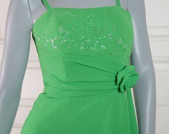 Emerald Green Evening Dress, Sleeveless Floor Length Party Dress w Beaded Bodice, European Vintage Niente: Size 8 US, Size 12 UK