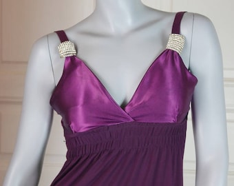 1970s Violet Disco Dress, French Vintage Sleeveless Purple Dress w Diamante Straps: Size 8 US, Size 12 UK