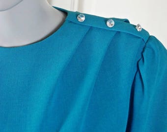 Turquoise Cocktail Dress, 1980s German Vintage Below-the-Knee Elegant Blue Dress w Diamanté Epaulet, Dynasty Mother of Bride: 10 US, 14 UK