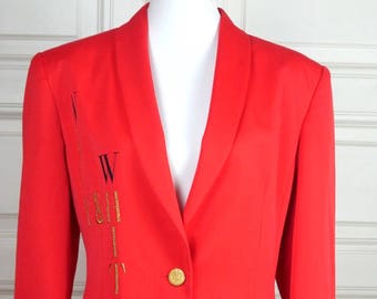 Red Blazer, European Vintage 90s Shawl Collar Jacket with Gold and Navy Blue Embroidery: Size Large, 12 to 14 US, 16 to 18 UK