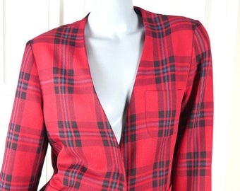 1980s American Vintage Blazer, Red Black Blueish Gray Plaid Jacket, Professional Tartan Blazer, Smart Blazer: Sizer 12 US, Size 16 UK