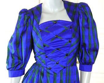 Austrian Vintage Silk Trachten Dress, Royal Blue Green Black Striped European Elegant Dress w Puffed Sleeves: Size 6 US, Size 10 UK