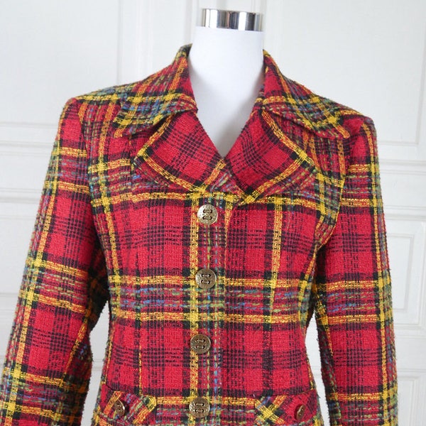 American Vintage Plaid Blazer, Red Yellow Black Turquoise Tartan Equestrian-Style 1980s Dallas Jacket: Size 8 US, Size 12 UK