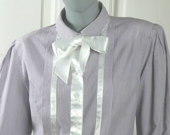 1990s Purple and White Striped Blouse, Elegant European Vintage Cotton Top w Etched Satin Banding and Bow Tie: Size 14 US, 18 UK