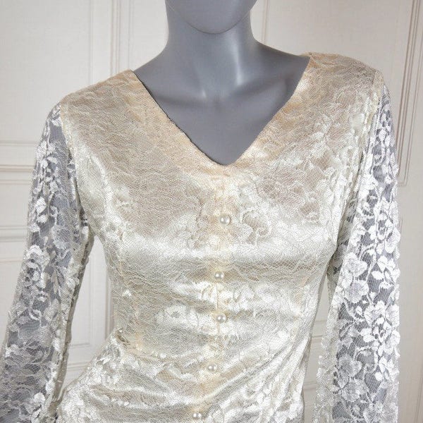 Lace Blouse, Cream-Colored Vintage Lace Top with Bell Sleeves  and Pearl Buttons