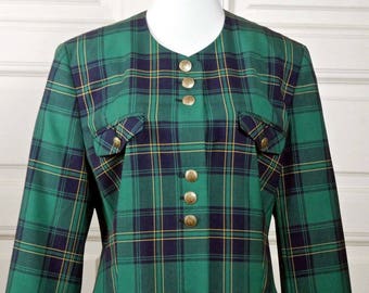 Damrutig kavaj, grön marinblå gul tartanjacka, elegant kavaj i tysk vintage-modell: Storlek 10/12 US, 14/16 UK