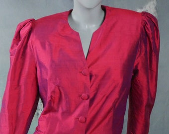 Ruby Red Silk Blazer, European Vintage Pointed Front Cropped Jacket with Puff Sleeves: Size 10 US, Size 14 UK