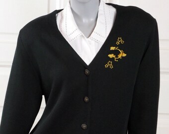 1980s Black Cardigan, Swedish Vintage Cotton Knit Sweater with Gold Moon and Stars Embroidered Appliqué : Size 14 US, 18 UK