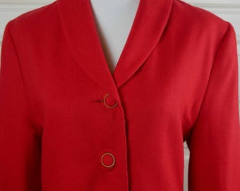 1980s Austrian Vintage Red Blazer Women's, Wool Blend Red Jacket, Short Wool Blazer w Shawl Collar: Size 12 US, Size 16 UK