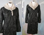 Black Persian Lamb Fur Coat with Silver Mink Collar, European Vintage Broadtail Karakul Coat Size 8 10 US, 12 16 UK
