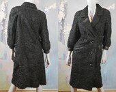 Black Persian Lamb Fur Coat with Genuine Leather Accents, 1980s German Vintage Below-the-Knee Karakul Coat Size 12 US, 16 UK