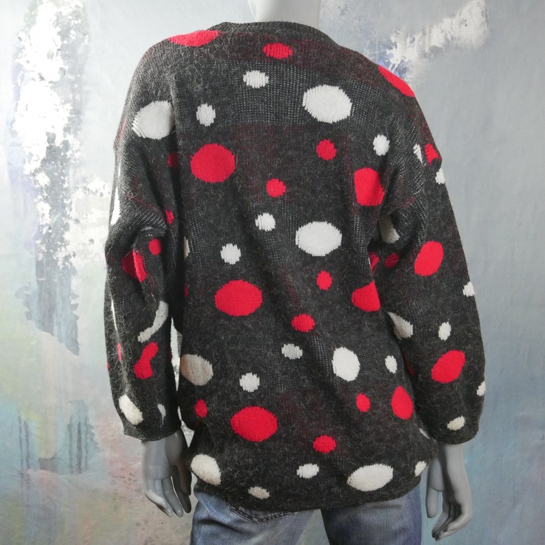 18 UK Polka Dot Sweater Size 14 US 1980s British Vintage Charcoal Gray Red and White Soft Warm Winter Pullover Jumper