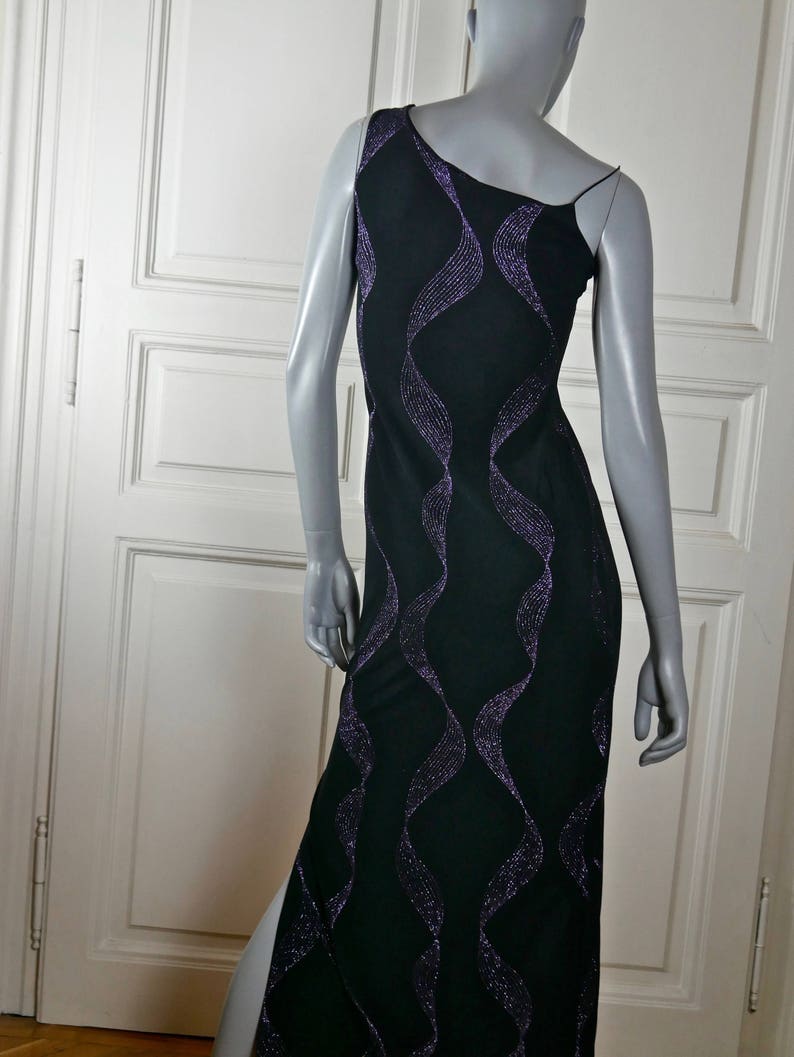 Black Purple Glittering Elegant Long Sleeveless Formal Dress Star Party Dress: 6 US 10 UK French Vintage One Shoulder Evening Dress