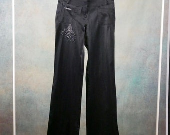 Black Satin Flare Pants, 1990s Jeans: Size 8 US, 12 UK, Waist 28 inches (71.12cm), Inseam 32 inches (81.28cm)